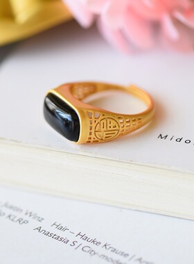 天然墨玉复古戒指男女同款古法金