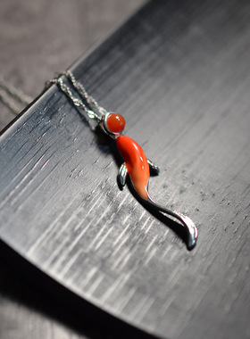 江南古典文艺清新吉祥景泰蓝红锦鲤造型女款气质百搭吊坠项链镀银