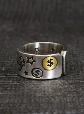 复古做旧星星扑克牌笑脸指环开口