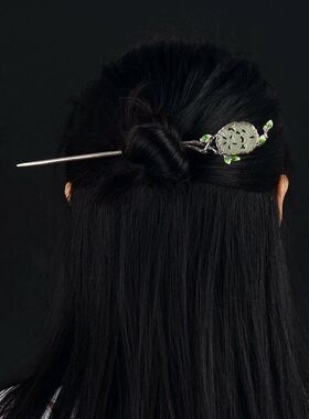 镀银发簪古风汉服景泰蓝缠枝天然玉石旗袍簪子女盘发一字簪素簪