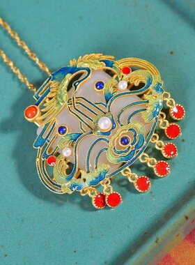 珐琅镶嵌方形鼓面南天门吊坠镀金项链饰品小众设计百搭女吊坠项链