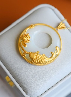 平安扣吊坠鱼莲花鎏金工艺复古银