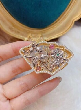 扇形白玉镂空设计吊坠嵌双色工艺宫廷小鸟镀金可打开香囊项链吊坠