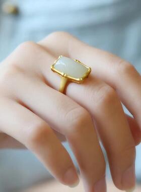 天然和田玉白玉平安牌戒指纯银镶