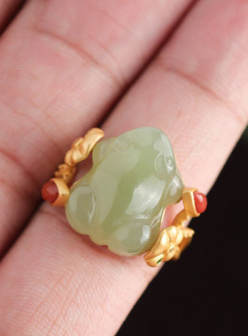 招财青蛙青玉活口可调节女款戒指