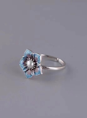 烧蓝南红戒指女复古中式花开富贵气质百搭开口指环景泰蓝戒指饰品