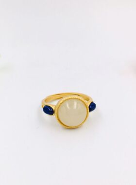 新款镀金嵌天然白玉蛋面活口戒指指环民族风气质复古手饰品戒子