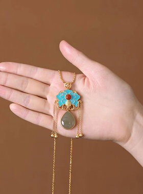 原创和田玉古典中式复古汉风风景泰蓝牡丹花流苏女士款吊坠项链