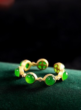 镀古法金工艺绿碧玉玉髓戒指