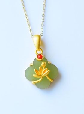 合金镀金锁骨项链镶嵌荷花碧玉吊坠民族风中式复古项坠玉坠颈饰品