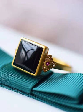 墨玉色黑玛瑙黑石S925纯银戒指古