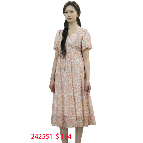 可路莎242551款碎花连衣裙 高腰女裙长春花收腰泡泡袖优雅长裙 - 图1