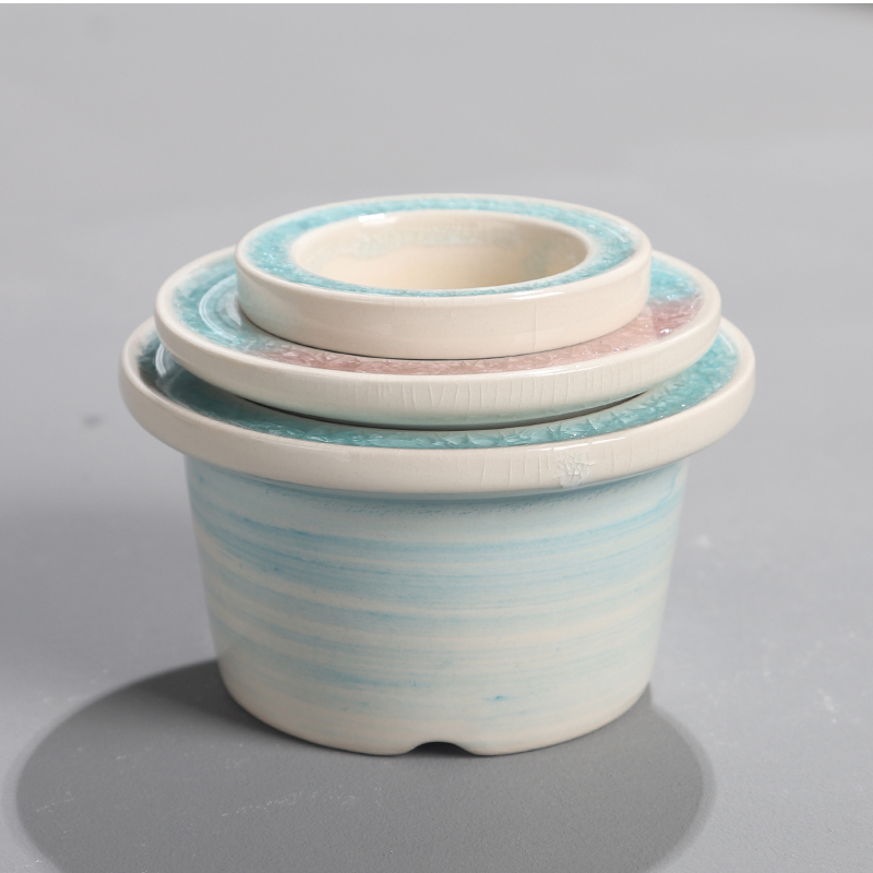 新品琉璃口多肉小花盆陶瓷帽檐盆手绘创意圆口冰裂开片迷你拇指盆 - 图2