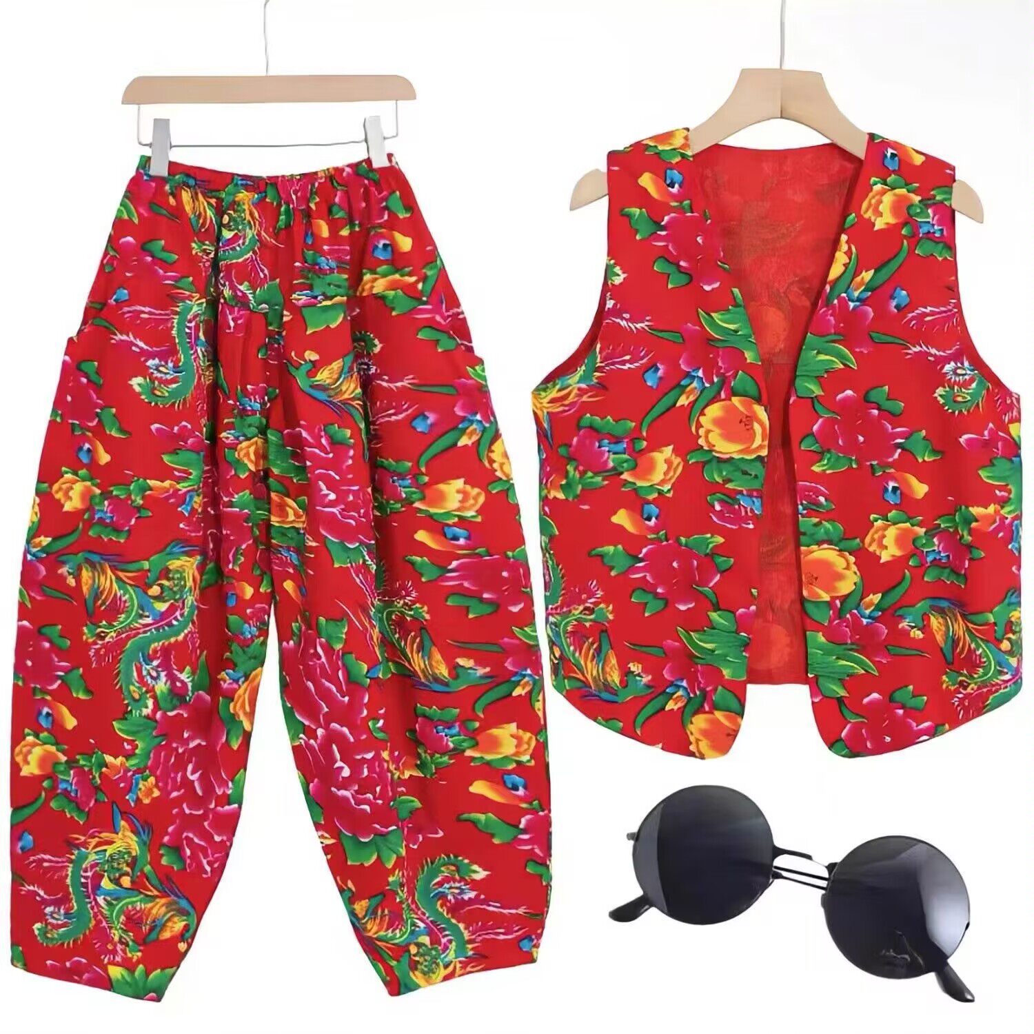 秧歌服广场舞二人转服饰东北大花布马甲灯笼裤套装小卖部蒸馍服装