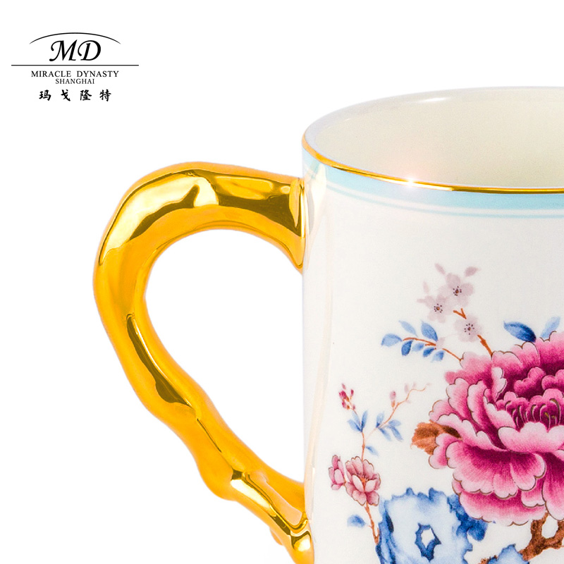 玛戈隆特盛世牡丹马克杯骨瓷家用创意轻奢高档精致办公室情侣水杯