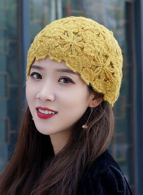韩版潮手工钩花双层针织帽时尚镂空花朵女士毛线帽百搭甜美瓜皮帽