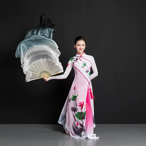 Настоящий шелковый танец вентилятор квадратный танец градиент чернила и чернила дети с длинными тени, такими как дым, длинный фанат фанатов шелкового фаната