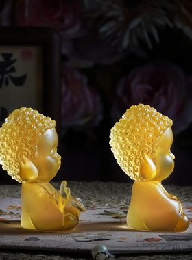古法琉璃小佛像摆件中式手办可爱茶宠禅意桌面佛系装饰小如来摆件