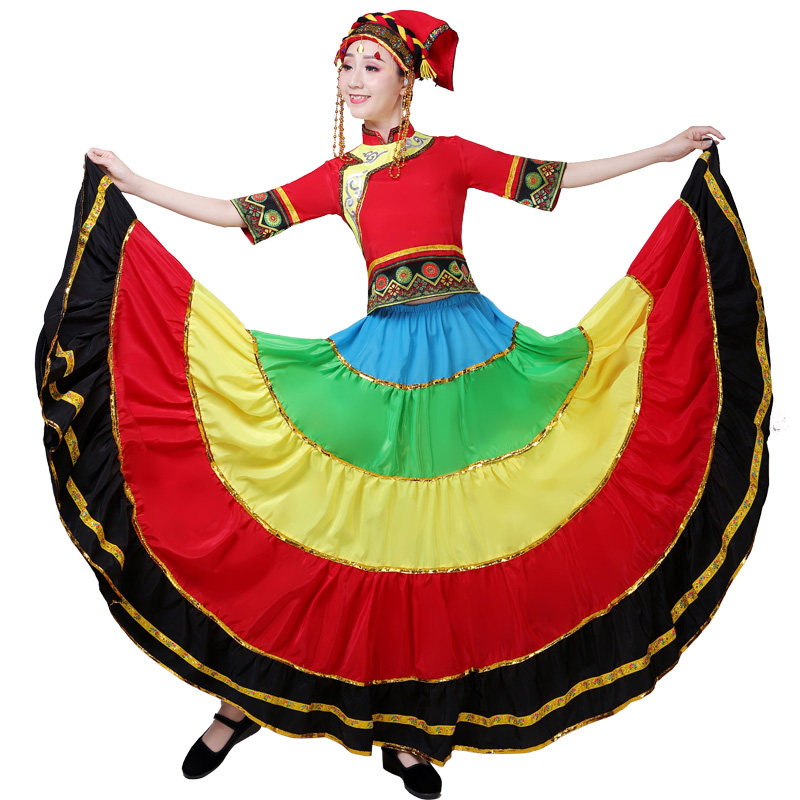 彝族七月火把节七彩大摆裙舞蹈舞裙 莎朵韵民族服装/舞台装