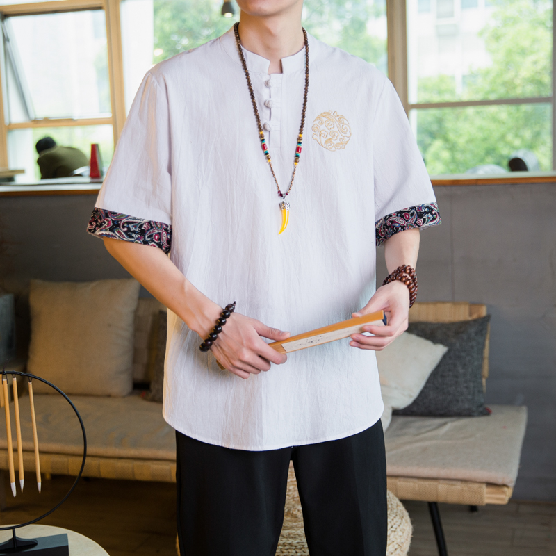 亚麻男短袖唐装中国风男装复古t恤 贵状T恤