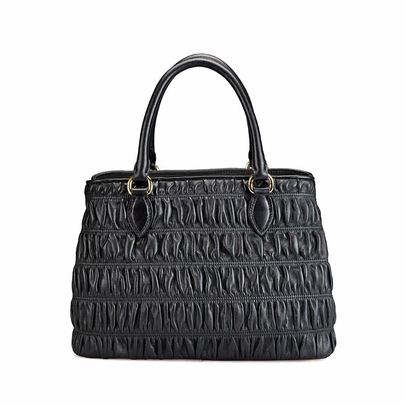 prada /普拉达羊皮褶皱黑色手提包 KeanGlobal海外女士包袋