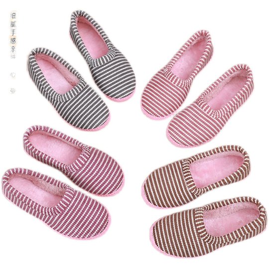 Winter cotton slippers, women's cotton shoes, striped indoor shoes, non-slip, warm and velvet, confinement shoes, maternity shoes, mother's shoes, women's shoes