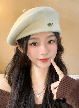 韩系文艺显脸小羊毛贝雷帽女秋冬