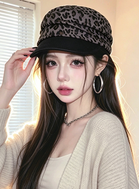 复古豹纹鸭舌帽子女款显脸小潮酷