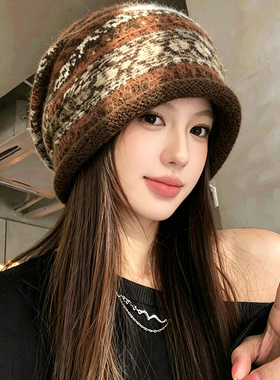 女款费尔岛提花针织堆堆冷帽保暖