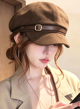 棕色秋冬保暖麂皮绒鸭舌贝雷帽女