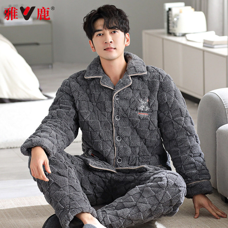 雅鹿珊瑚绒夹棉睡衣男士冬季三层加厚加绒2025年新款家居服秋冬天,淘宝优惠券,粉丝福利购,淘宝优惠卷