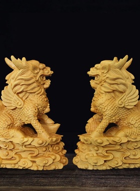 小叶黄杨招财送宝飞天麒麟家居风水摆设饰品木质手工艺品汽车