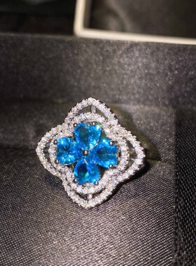 新款奢华满钻海蓝宝四叶草戒指 抖音彩宝精品高碳钻心形戒指