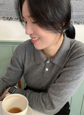 【现货】callmebabysfot polo领纯色百搭翻领长袖宽松耳套女休闲