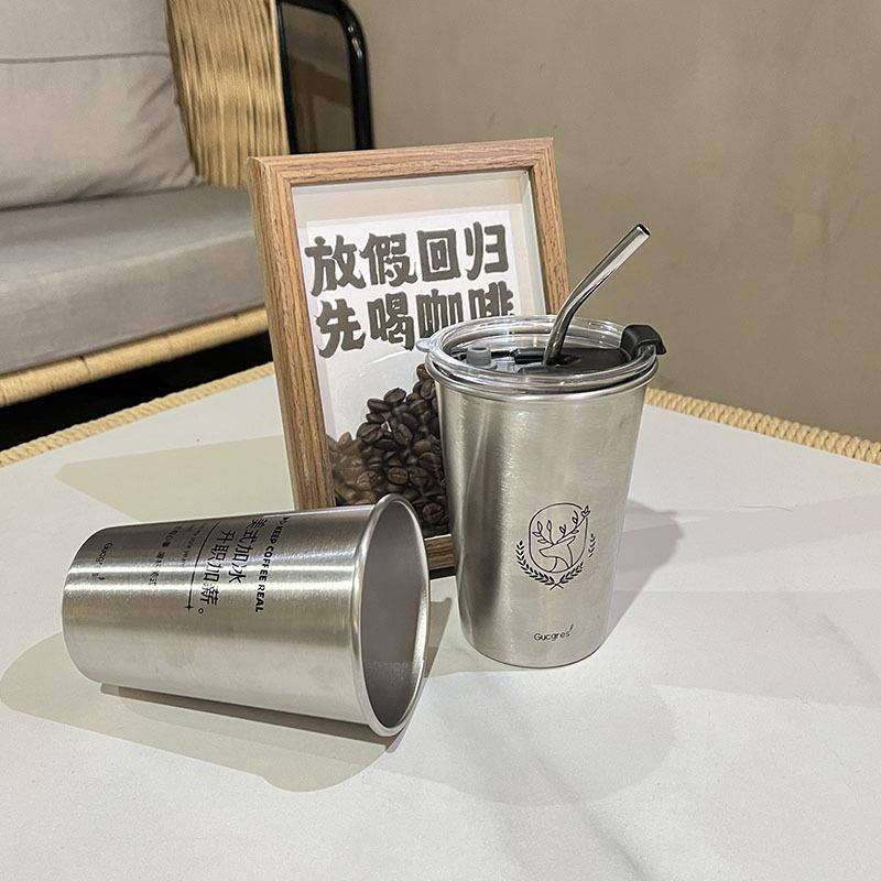 工业风304不锈钢家用啤酒杯防摔茶杯简约网红咖啡随手杯子吸管杯 - 图0