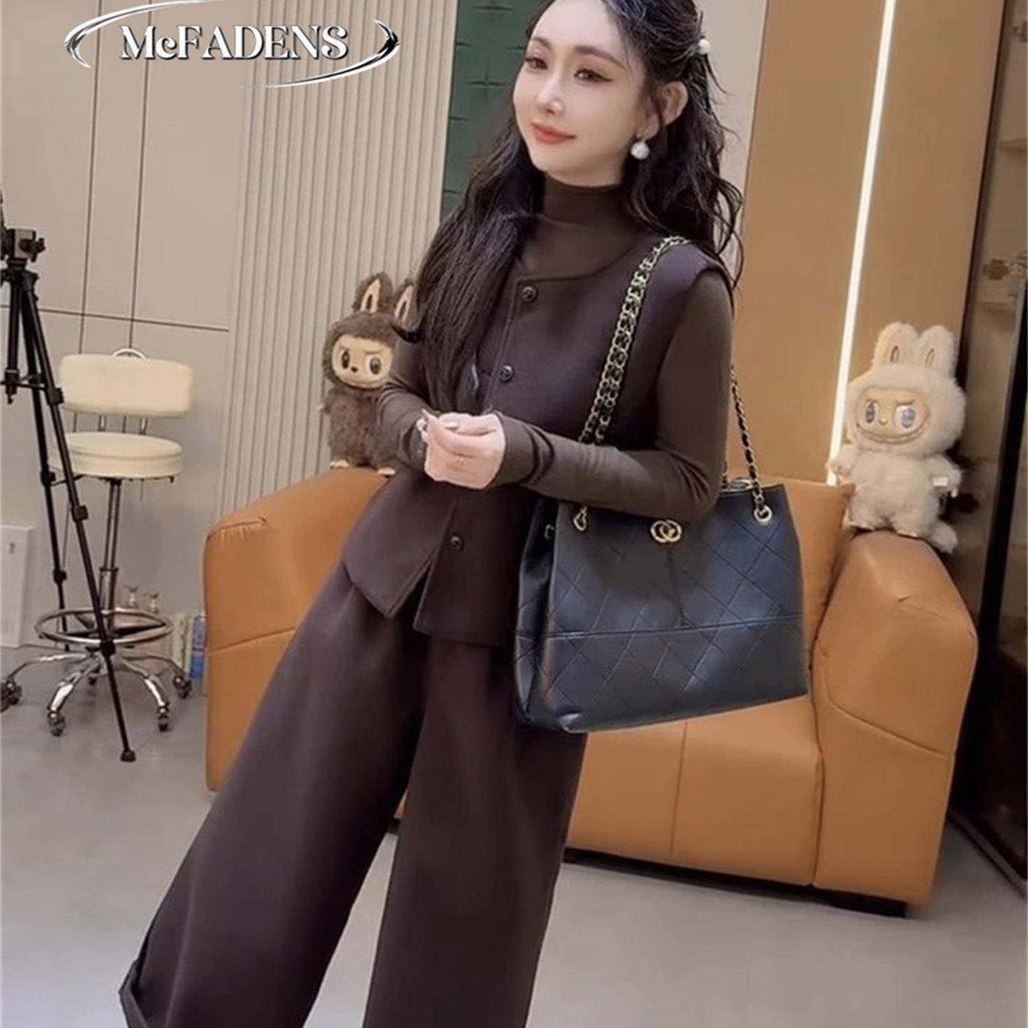 香港冬季新款洋气减龄三件套女毛呢马甲半高领小衫阔腿裤时尚套装,淘宝优惠券,粉丝福利购,淘宝优惠卷