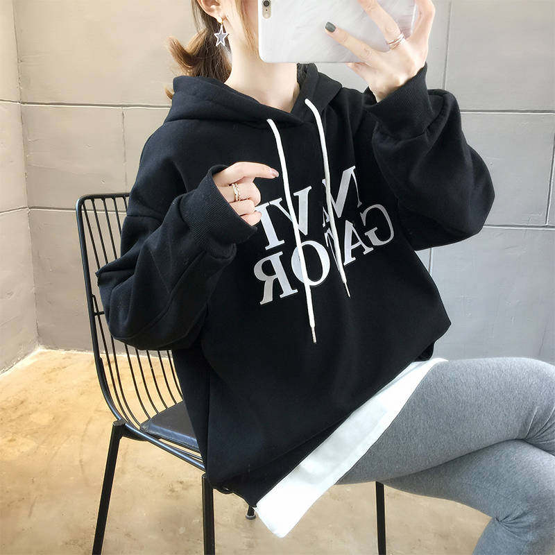 假两件韩版潮宽松字母印花加绒卫衣 互季卫衣/绒衫
