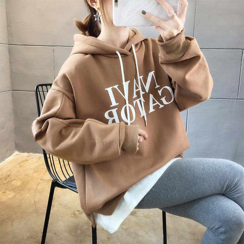 假两件韩版潮宽松字母印花加绒卫衣 互季卫衣/绒衫