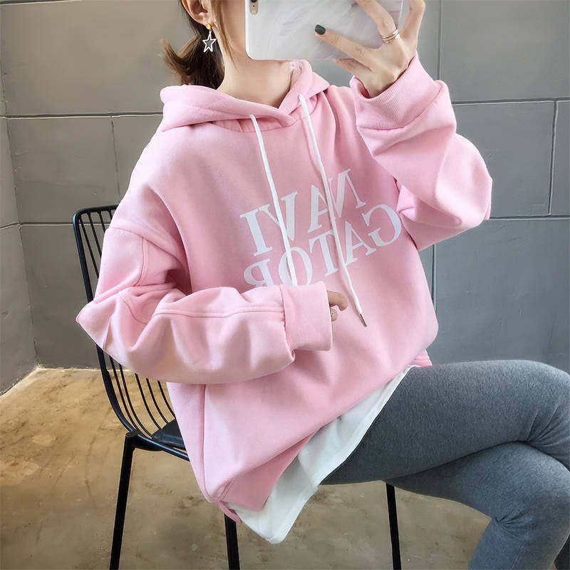 假两件韩版潮宽松字母印花加绒卫衣 互季卫衣/绒衫