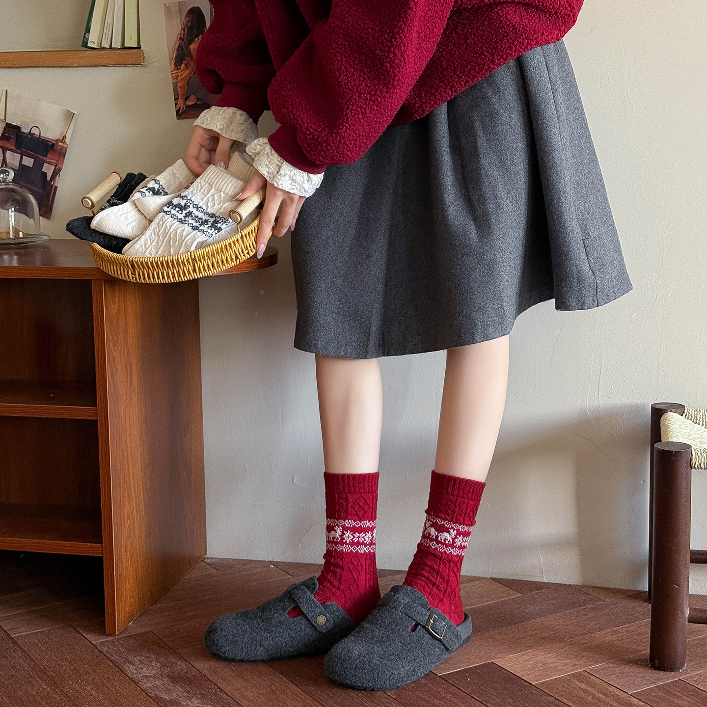 复古费尔岛袜子女秋冬长筒搭配雪地靴加绒加厚保暖毛圈中筒民族风,淘宝优惠券,粉丝福利购,淘宝优惠卷