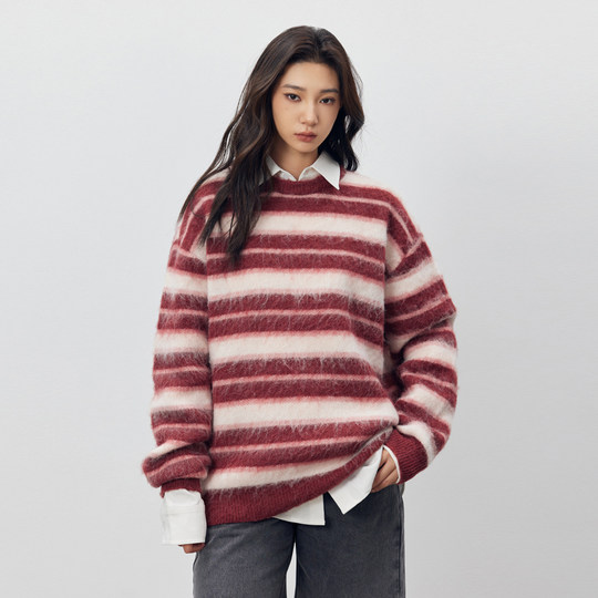CH丨红色条纹针织衫男秋季新款美式复古宽松慵懒内搭情侣圆领毛衣
