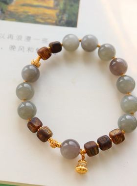 天然和田玉烟紫手串女款10mm圆珠手链转运珠平安祈福925银配饰