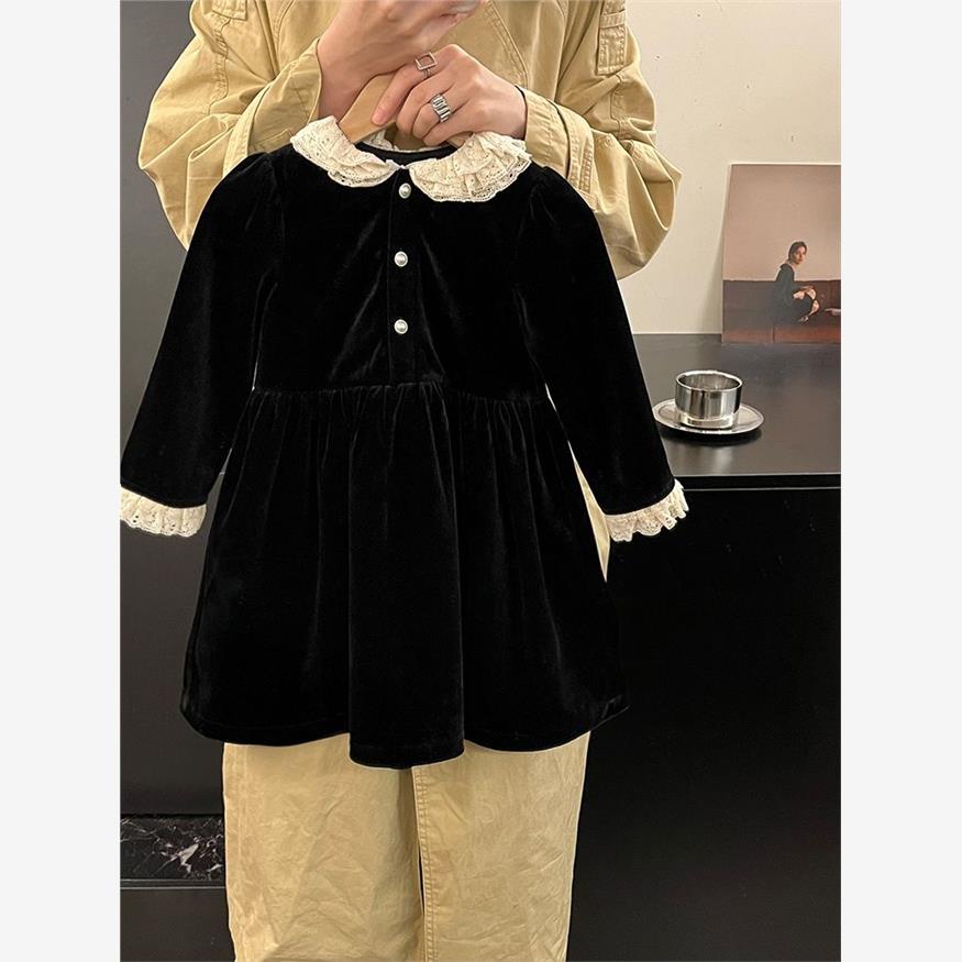 法式新款小黑裙女孩金丝绒赫本女童2024韩版复古秋冬连衣裙风气质 - 图3