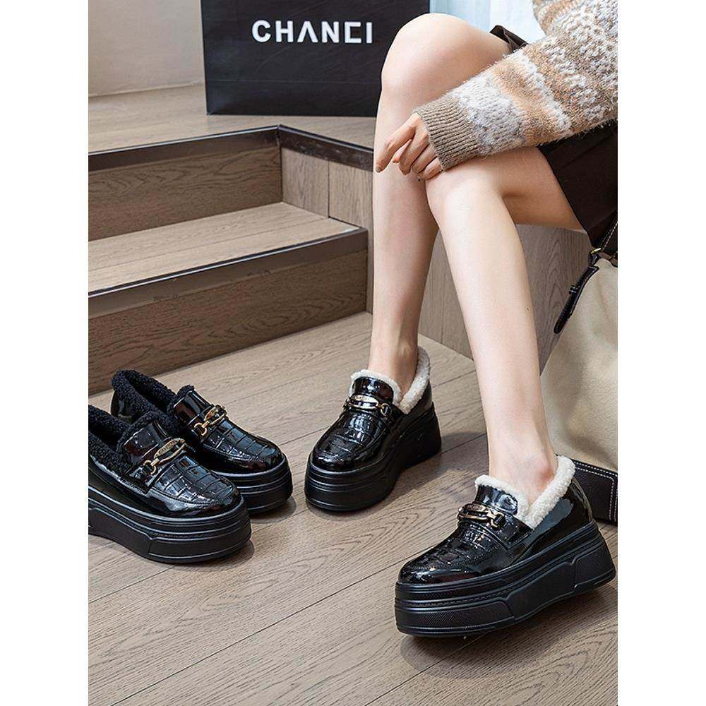 香港厚底乐福鞋女冬季百搭加绒小皮鞋毛毛棉鞋内增高一脚蹬松糕鞋,淘宝优惠券,粉丝福利购,淘宝优惠卷