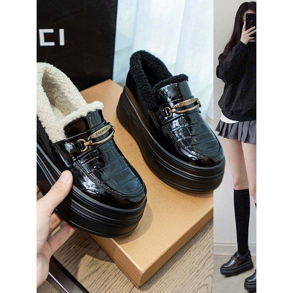 香港厚底乐福鞋女冬季百搭加绒小皮鞋毛毛棉鞋内增高一脚蹬松糕鞋,淘宝优惠券,粉丝福利购,淘宝优惠卷