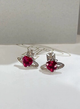 西太后红宝石土星项链红色爱心锆石颈链耳钉满钻星球吊坠耳环耳饰