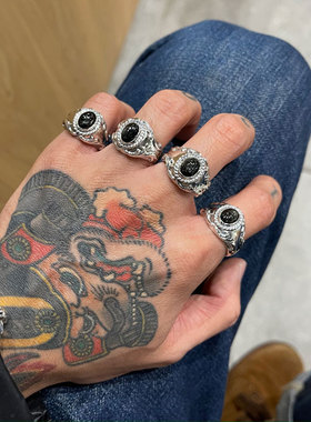 黑玛瑙3D立体高肉唐草复古银戒指