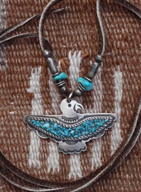 松石粉末银珠古董琉璃珠雷鸟项链