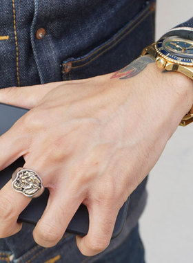 手打黄铜猛虎头925银做旧戒指