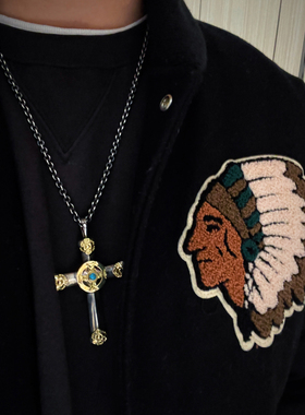 18K金蔷薇花全金飞轮松石十字架